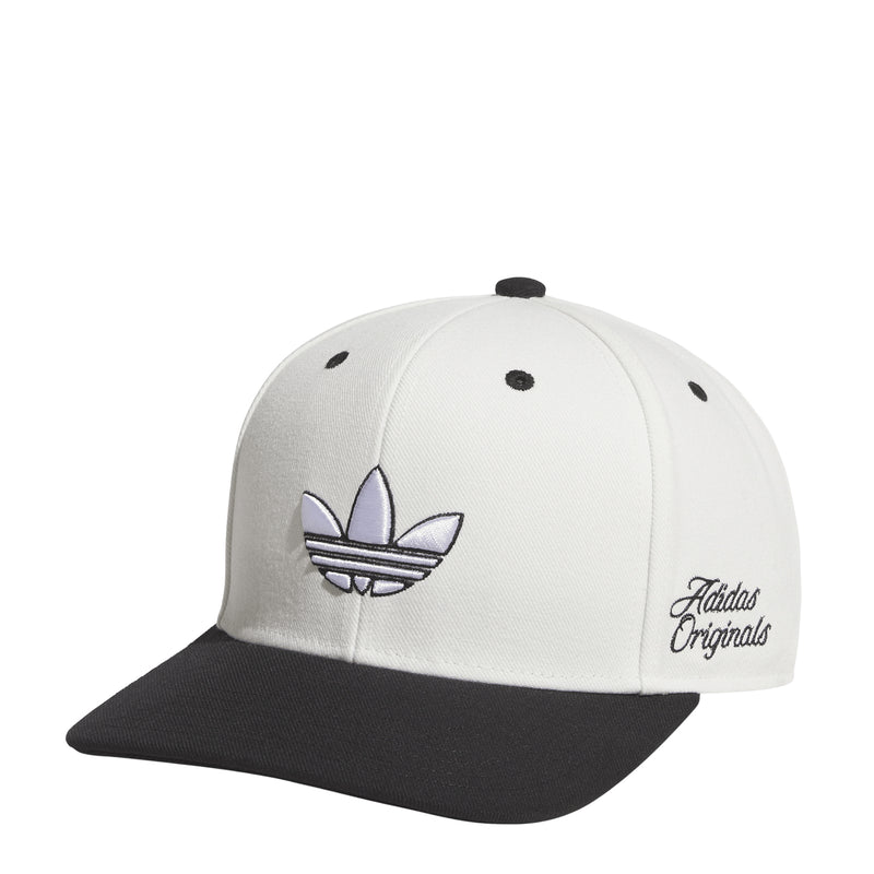 Two-tone snapback cap, off-white front with black brim; Adidas Originals logo