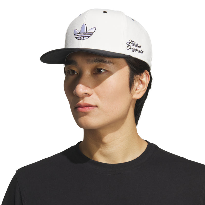 Two-tone snapback cap with off-white panels and black brim; Adidas Originals logo