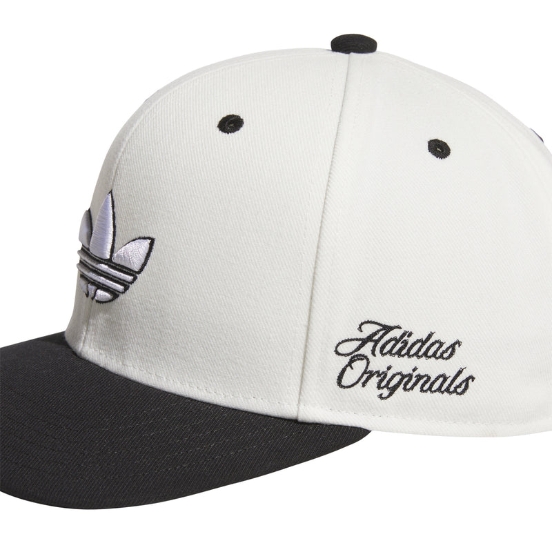 Off-white snapback cap with black underbrim; Adidas Originals and trefoil logo