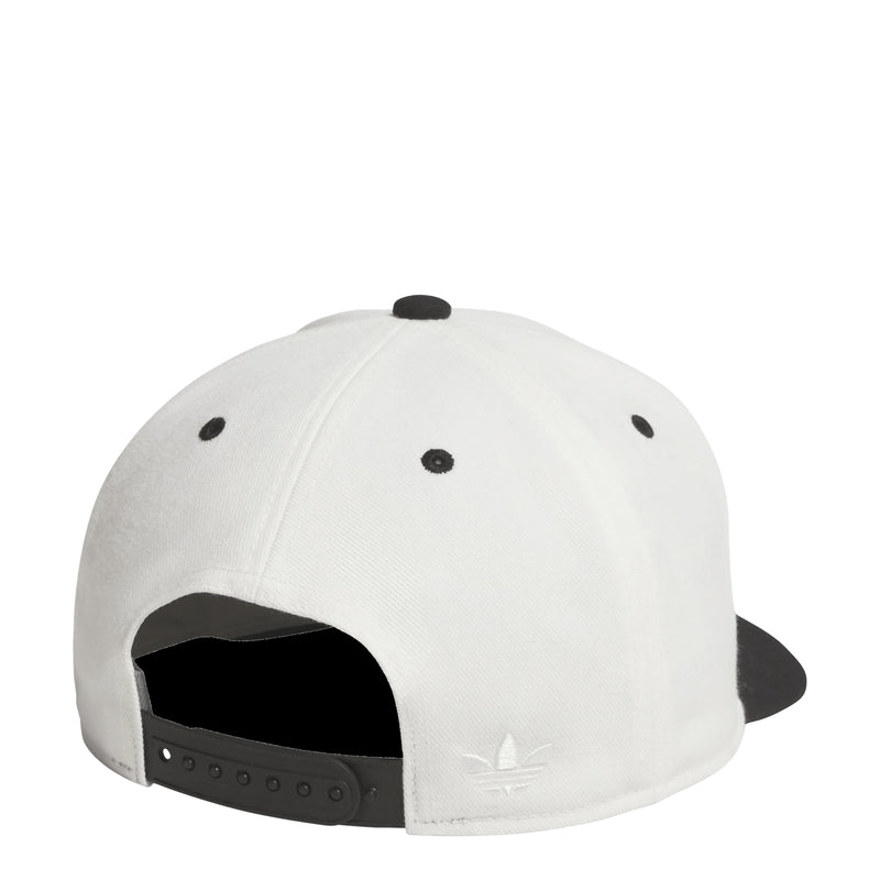 Off-white snapback cap with black underbrim; adjustable strap and trefoil mark