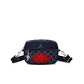 Dark indigo mini camera bag with red logo, zip top, crossbody straps