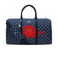 Dark indigo monogram duffle bag with red basketball logo and side pocket