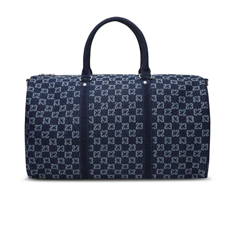Dark indigo monogram duffle bag with top handles and front zip