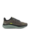 Men's running shoe in dark olive and charcoal with black laces and light tread sole