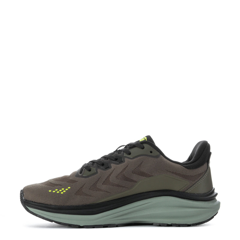 Men's athletic sneaker in dark olive and charcoal with greenish sole and black laces