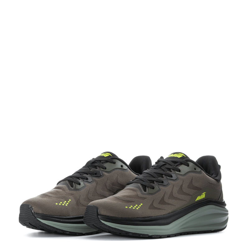Pair of men's running shoes in dark olive and charcoal with black laces and light soles