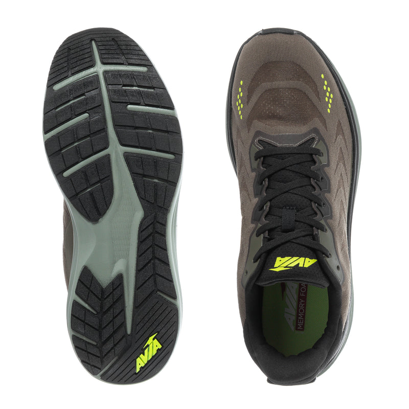 Men's shoe sole view with black tread and green accent; side view with laces