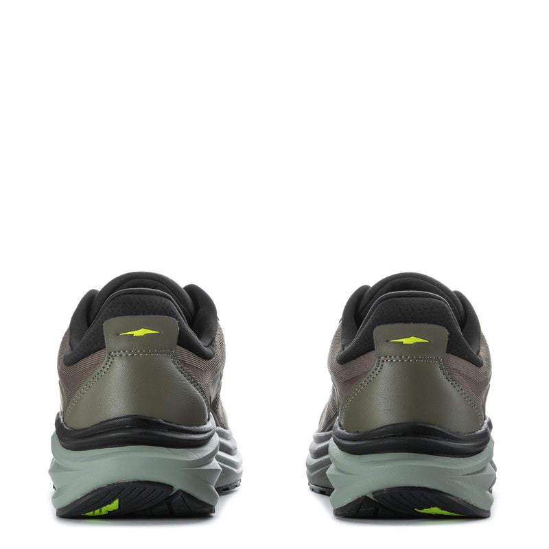 Men's running shoe heel view in dark olive/charcoal with greenish outsole and logo accents