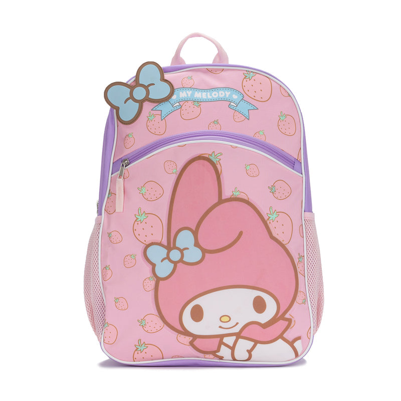 Kids character backpack in pink/purple with strawberry print and front character graphic