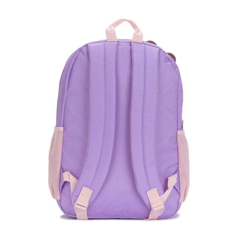 Kids character backpack back view in purple with padded straps and top handle
