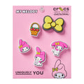 5-pack MyMelody jibbitz charms set with bunny, bow, and basket icons