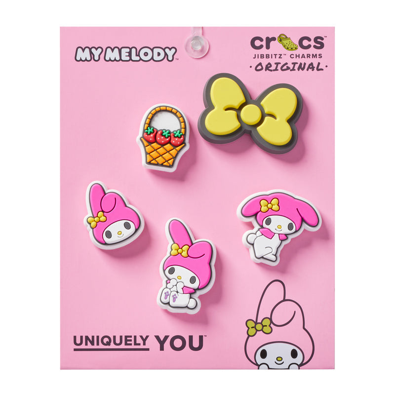 5-pack MyMelody jibbitz charms set with bunny, bow, and basket icons
