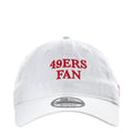 White 49ers fan cap with red “49ERS FAN” front embroidery and curved brim
