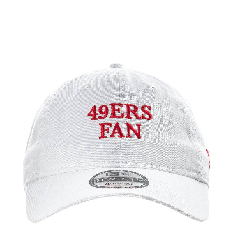 White 49ers fan cap with red “49ERS FAN” front embroidery and curved brim