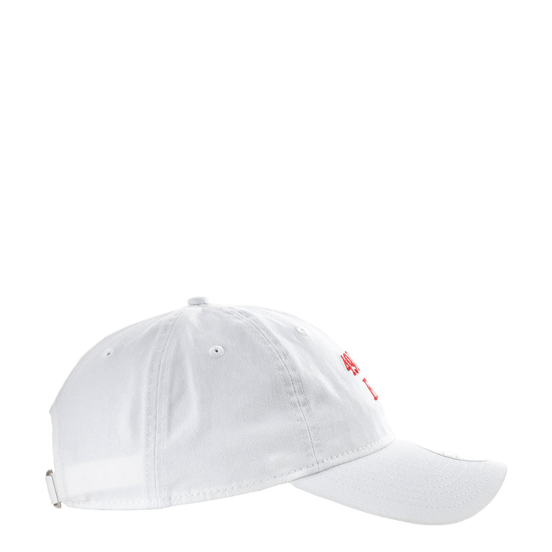 White 49ers fan cap with small red side logo embroidery and curved brim