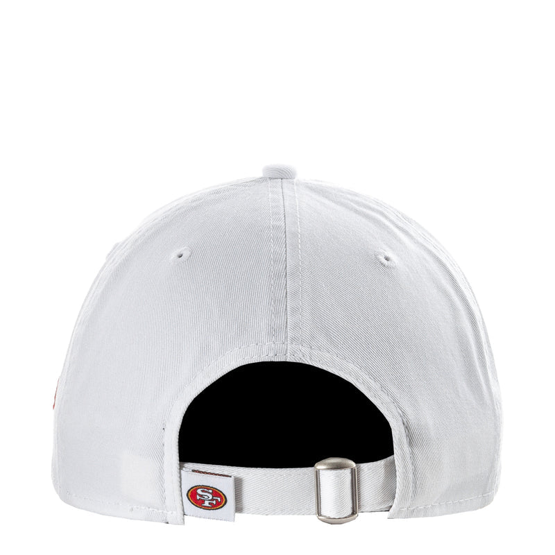 White 49ers fan cap with adjustable metal strap at back opening