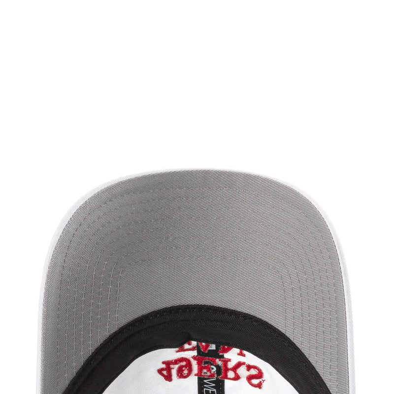 Grey cap underside with black brim and red “49ERS” graphic badge
