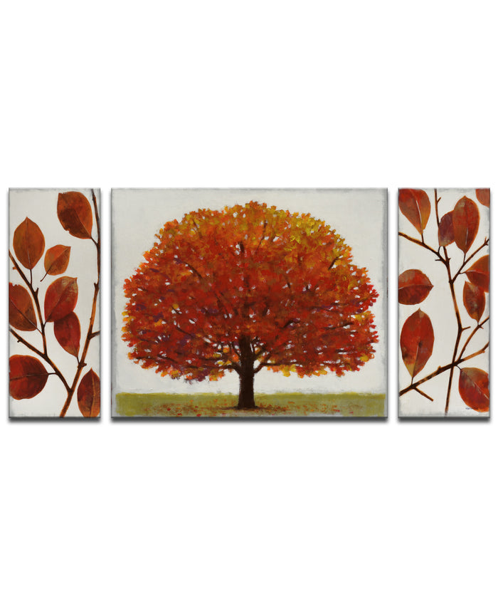 A tree with a dense rust canopy and drifting leaves across three cream panels.