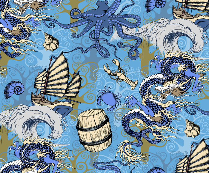 Ocean Fabric, Asian Fabric, Octopus, Saipan and Dragons on Blue, Cotton or Fleece 3863 - Beautiful Quilt