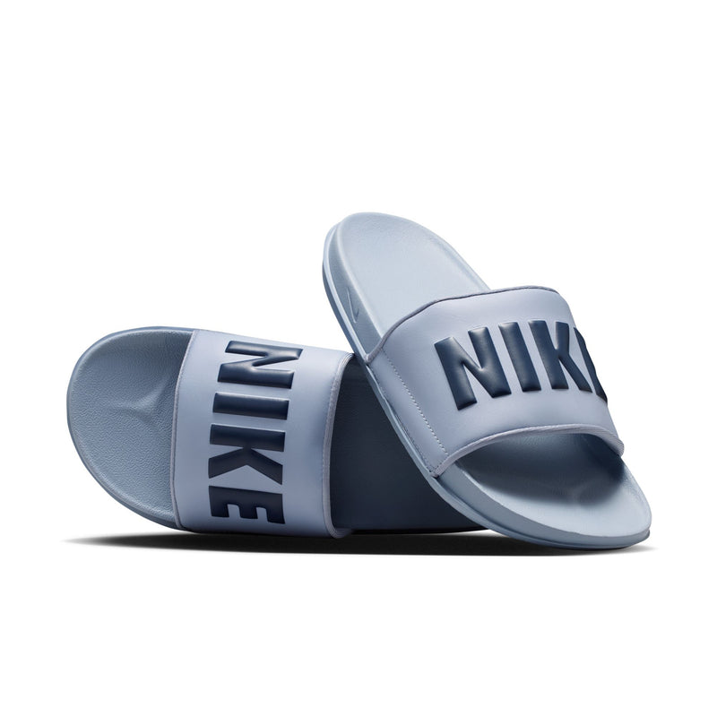 Men's light blue slide sandals with NIKE text on crossover strap
