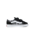Kids black Vans sneakers with gray camo panels, white sole, and Velcro strap