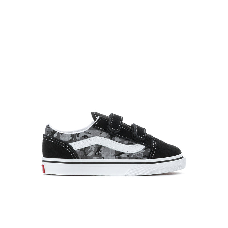 Kids black Vans sneakers with gray camo panels, white sole, and Velcro strap