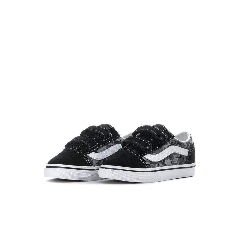 Kids black Vans sneakers with twin Velcro straps, camo side panels, white sole