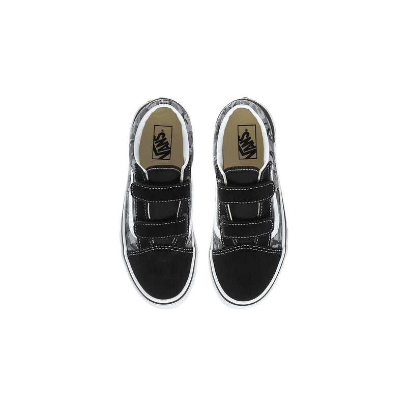 Kids black sneakers with gray camo panels, side V detail, and white rubber sole