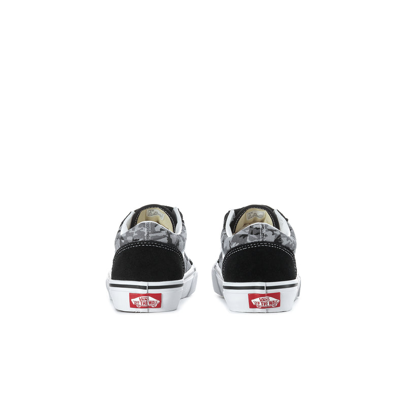 Kids black sneakers with gray camo heel, showing rear and white outsole