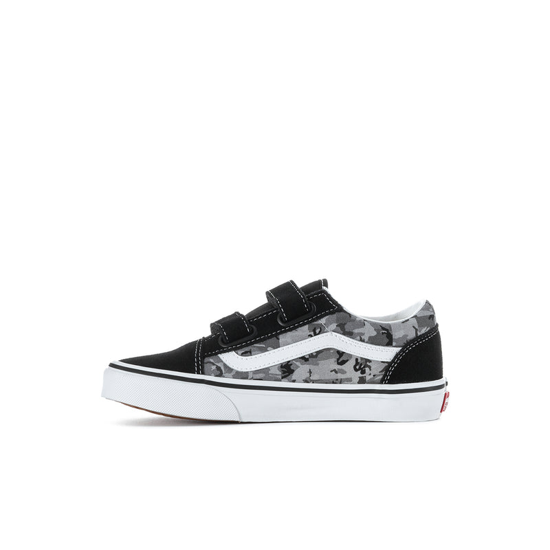 Kids black and gray camo low-top sneakers with hook-and-loop closure