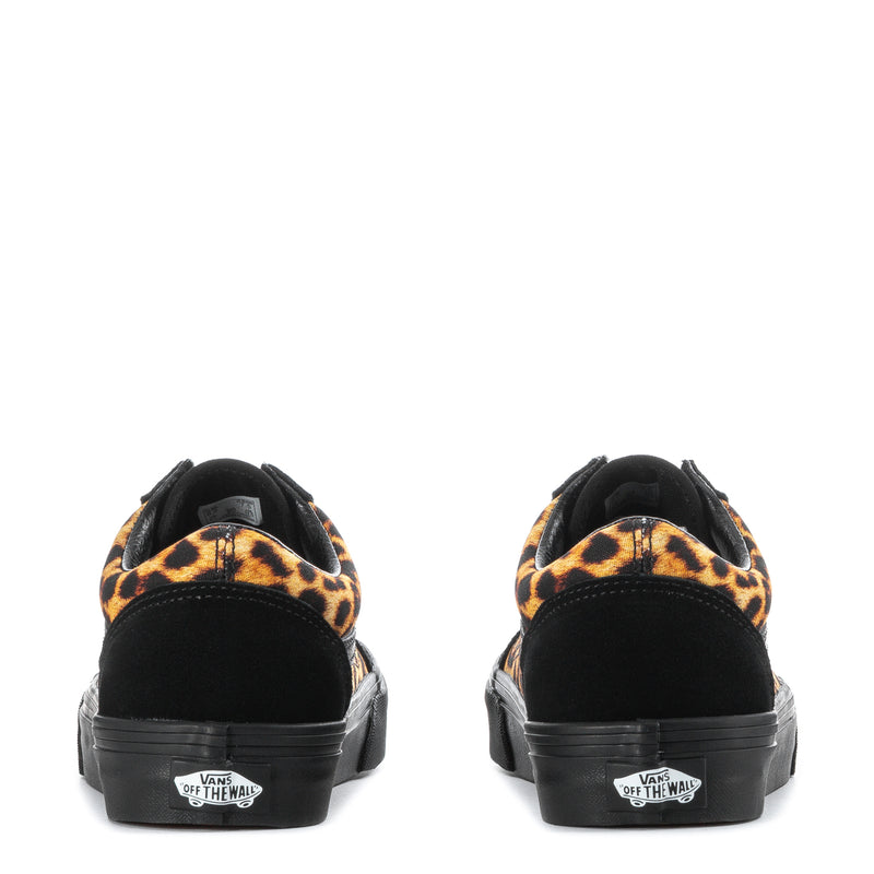 Women's low-top sneakers rear view with black heel counter and leopard print