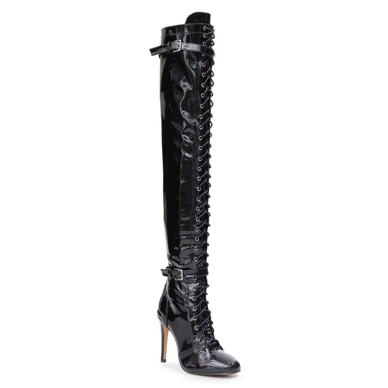 Omani Size Inclusive - Black Vegan Patent - Street Sole - Thigh Variant Zero