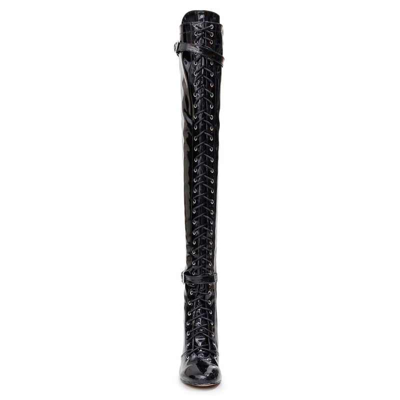Omani Size Inclusive - Black Vegan Patent - Street Sole - Thigh Variant Zero