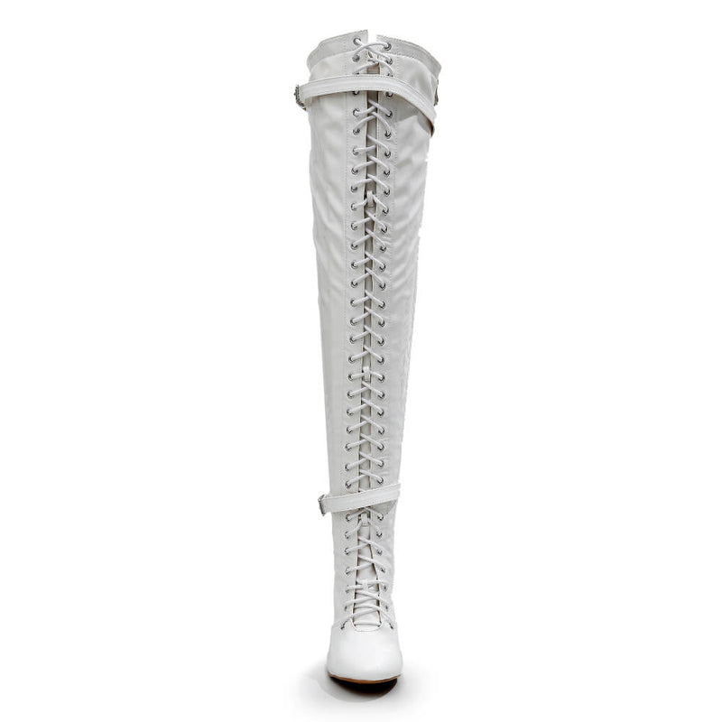 Omani Size Inclusive - White Vegan Patent - Street Sole - Thigh Variant Six