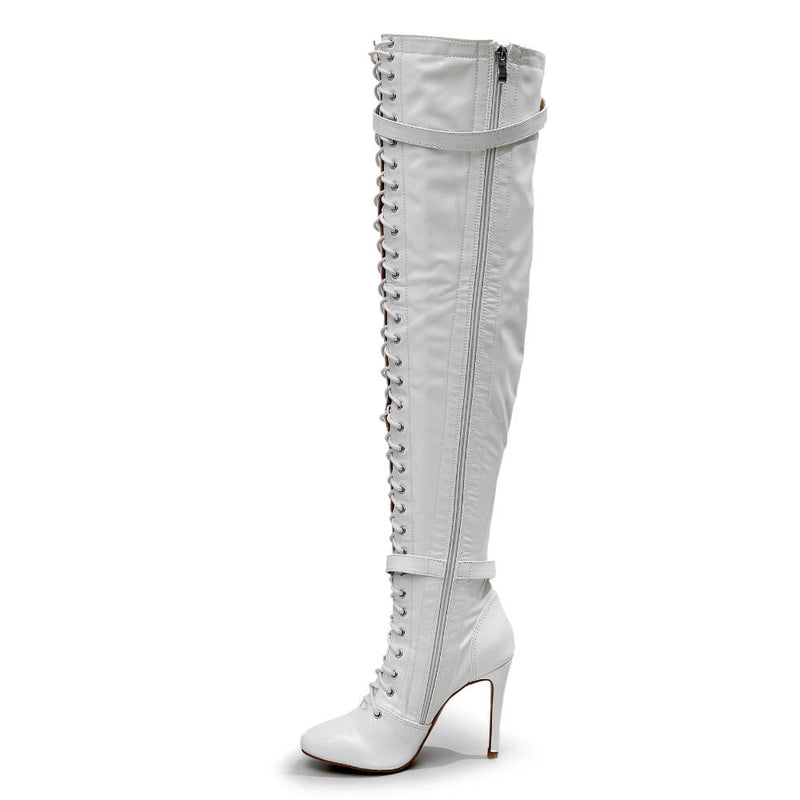 Omani Size Inclusive - White Vegan Patent - Street Sole - Thigh Variant Two