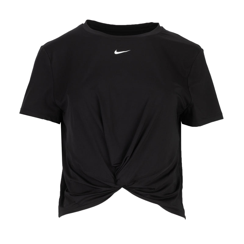 Womens black crewneck twist tee with Nike swoosh on chest
