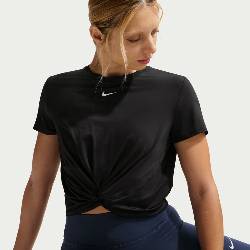 Womens black crewneck twist tee, Nike swoosh at upper chest