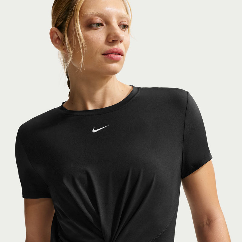 Womens black crewneck twist tee close-up with Nike swoosh on chest