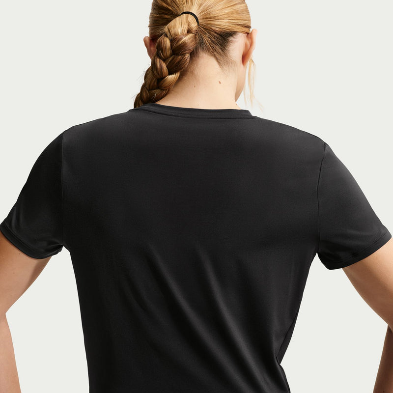 Womens black crewneck twist tee back view, short sleeves and curved hem