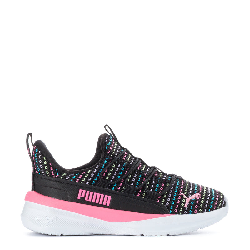 Toddler knit sneakers, black with multicolor stripes and pink PUMA midsole