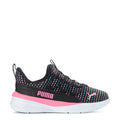 Toddler knit sneakers, black with multicolor stripes and pink PUMA midsole