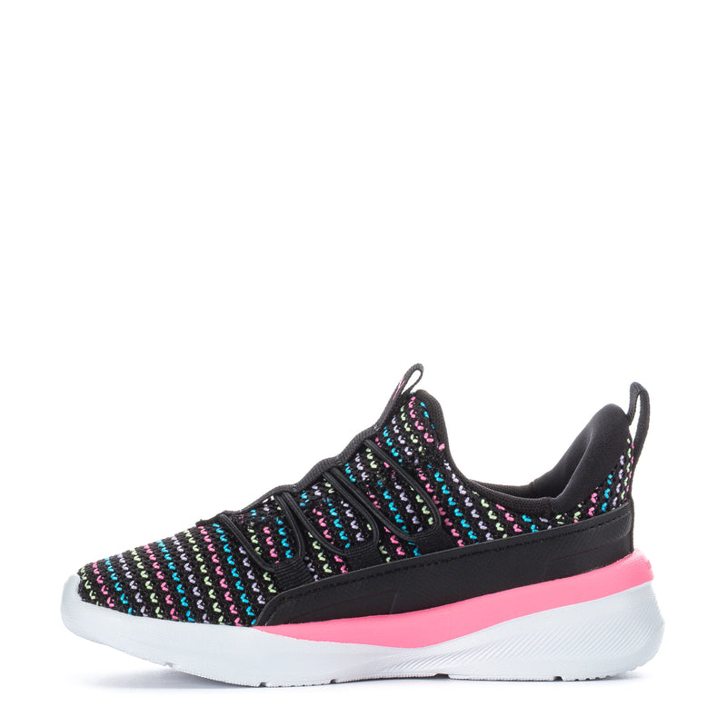 Toddler knit sneakers, black upper with multicolor knit pattern and pink sole