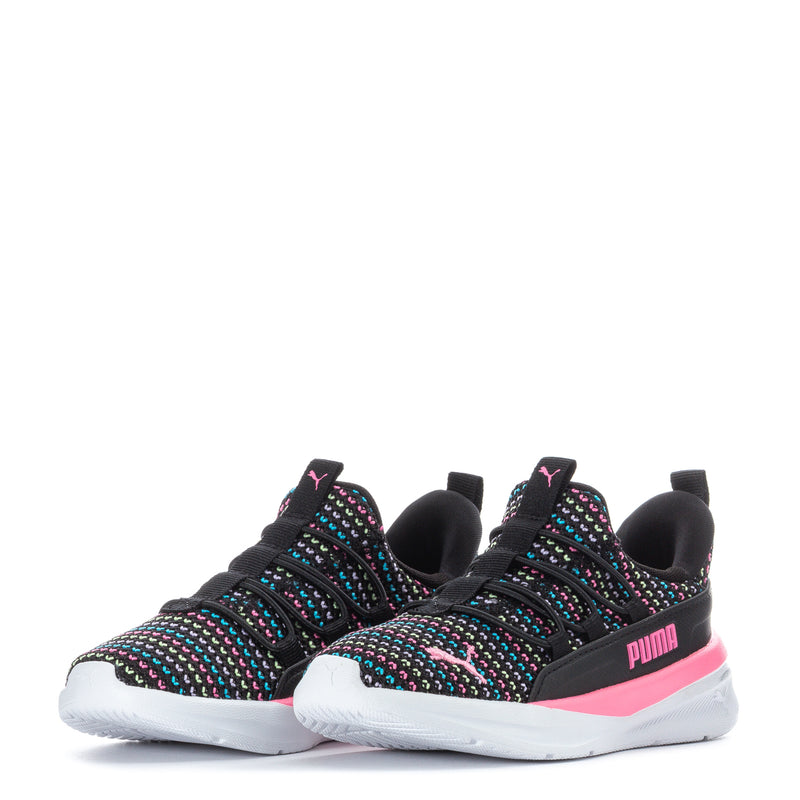 Toddler pair sneakers, black knit with multicolor stripes, pink trim and white sole