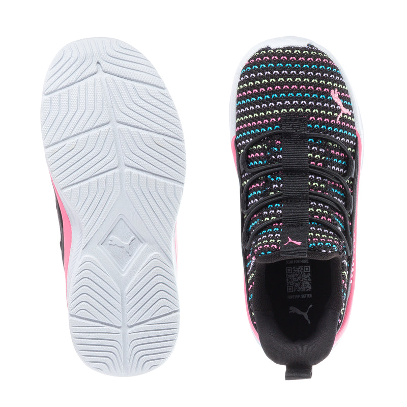 Toddler sneakers, black knitted toe with multicolor stripes; white outsole view