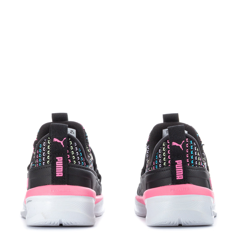 Toddler sneakers heel view, black with multicolor knit and pink PUMA logo on sole