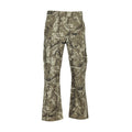 Tree camo cargo pants with elastic waist and multiple cargo pockets, open hem