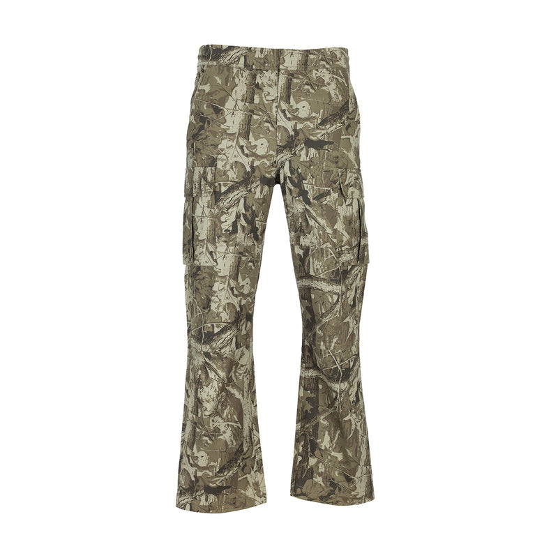 Tree camo cargo pants with elastic waist and multiple cargo pockets, open hem