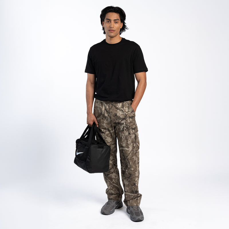 Tree camo cargo pants with elastic waist, full-length front view