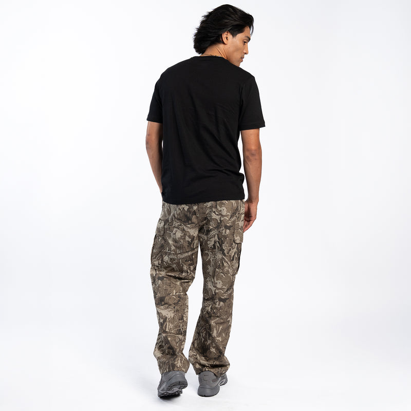 Tree camo cargo pants back view with elastic waist and cargo pockets