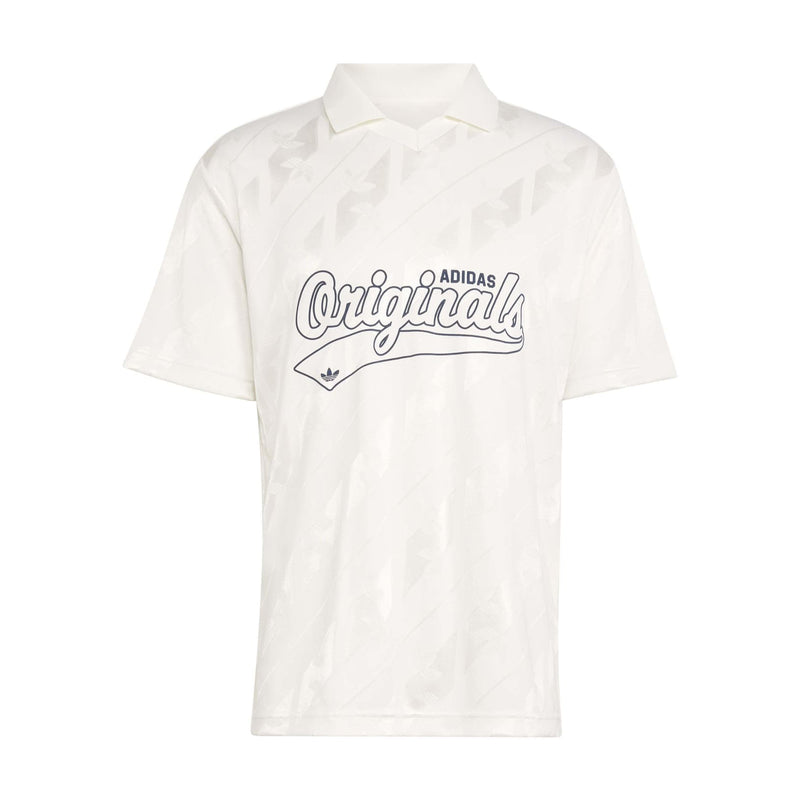 Men's white jacquard polo shirt with Originals script logo and Adidas logo
